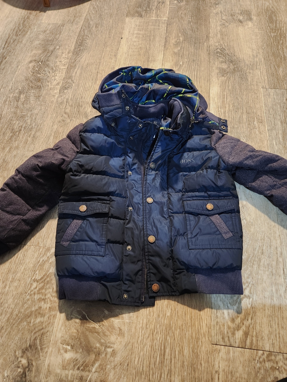 Boss Navy Hooded Quilted Puffer Jacket with Heathered Sleeves